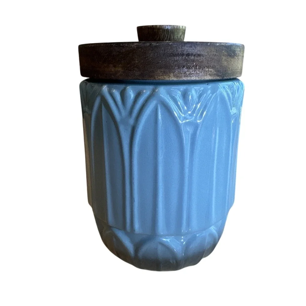 Pier One Turquoise Blue Ceramic‎ Lidded Canister Jar Art Deco Vintage Kitchen